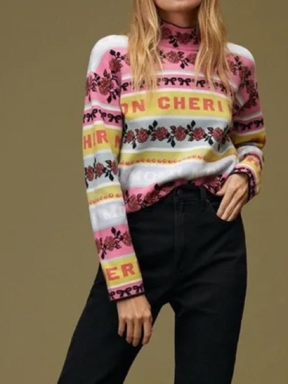 Anthropologie Maeve Fanciful Mock Neck Marled Rose and Black Knit Sweater XS